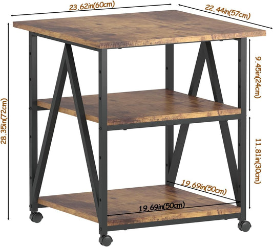 3-Tier Printer Stand, Large Printer Table with Storage, Industrial Printer Storage Cart with Wheels, Rolling Printer Stand for Heat Press Scanner Fax, Brown