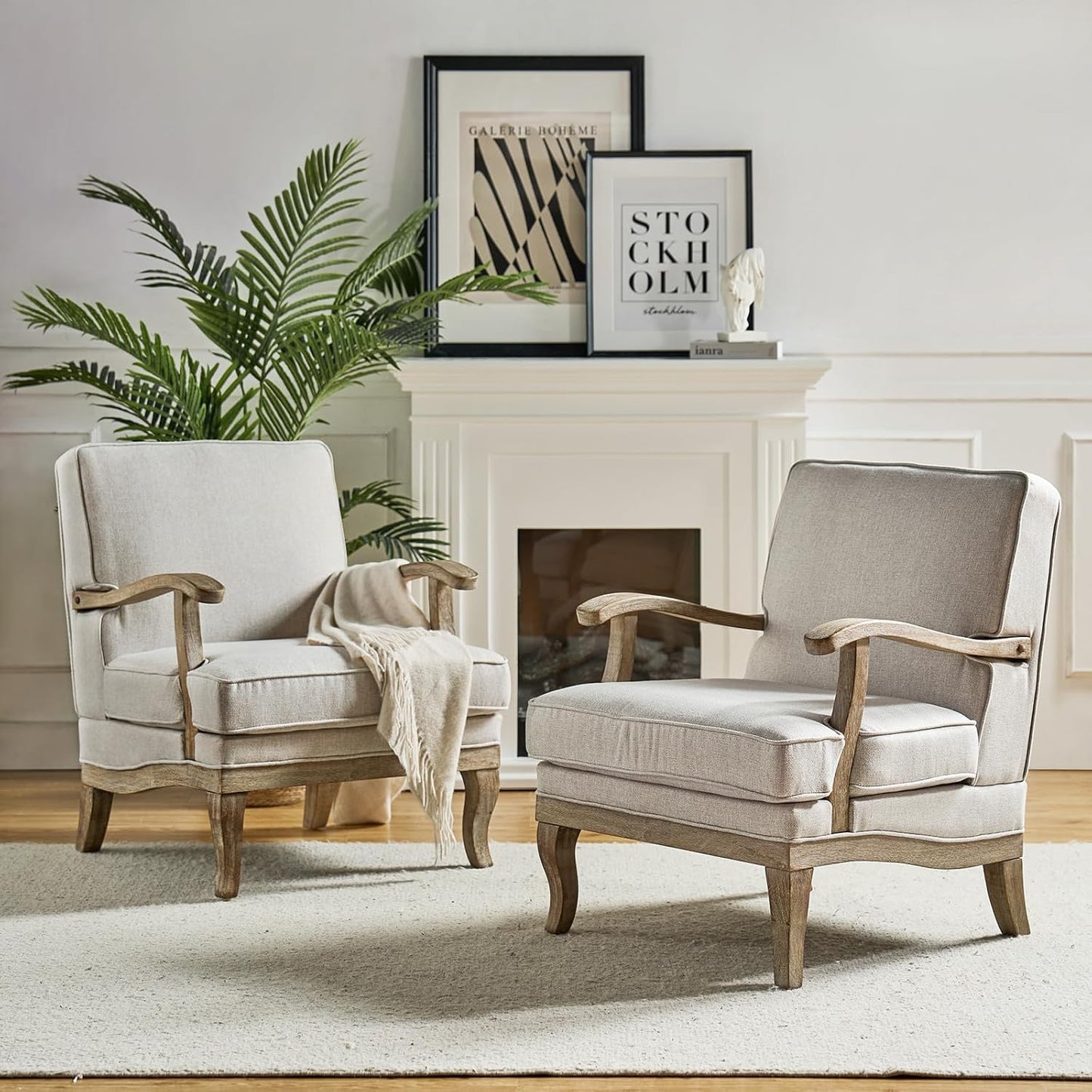 HULALA HOME Mid-Century Modern Accent Chairs Set of 2, Upholstered Lounge Arm Chair with Solid Wood Legs and Armrest, Removable Cushion Comfy Reading Armchair for Living Room, Bedroom, Balcony, Linen