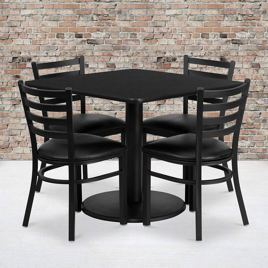 Flash Furniture Jamie 36'' Square Black Laminate Table Set with Round Base and 4 Ladder Back Metal Chairs - Black Vinyl Seat