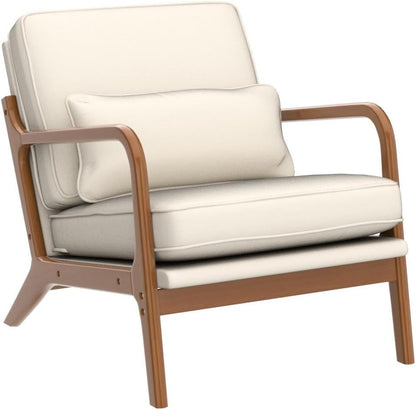 Karl home Accent Chair Mid-Century Modern Chair with Pillow Linen Fabric Upholstered Lounge Arm Chair with Solid Wood Frame & Soft Cushion for Living Room, Bedroom, Balcony, Beige