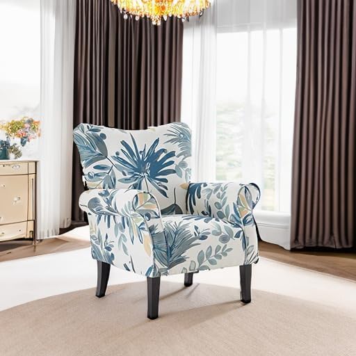 BELLEZE Modern Accent Chair, High Back Armchair, Upholstered Wingback Side Chair, Padded Single Sofa with Wooden Legs for Living Room, Bedroom - Green Blue Floral