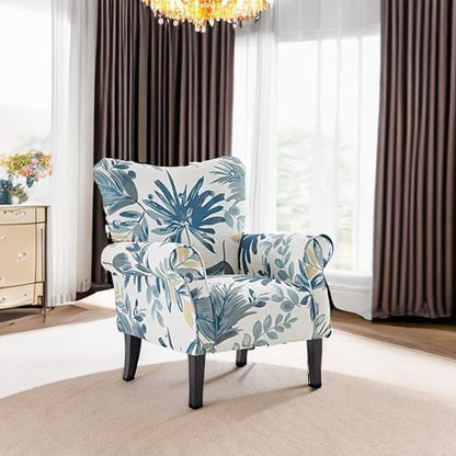 BELLEZE Modern Accent Chair, High Back Armchair, Upholstered Wingback Side Chair, Padded Single Sofa with Wooden Legs for Living Room, Bedroom - Green Blue Floral