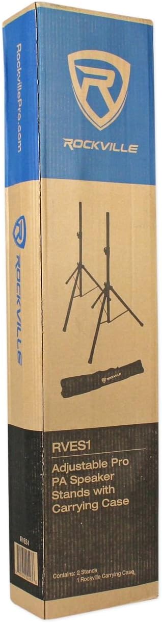 Rockville RVES1 Pair Tripod DJ PA Speaker Stands with Carry Bag, 100 lbs Capacity, Adjustable Height to 71", Steel Construction, for Events & Performances