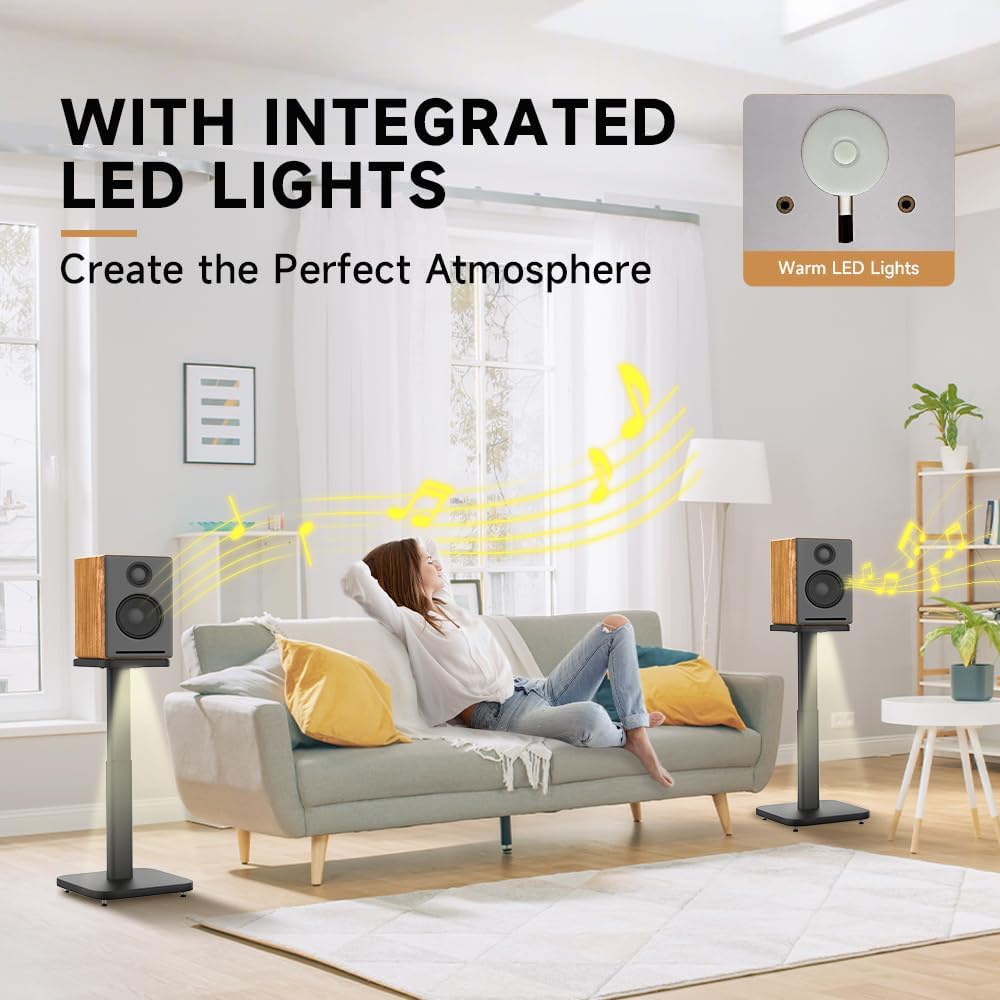 Universal Bookshelf Speaker Stands Pair - CNFRD Adjustable Height Floor Stands for Surround Sound - Holds 25lbs for Studio, Home Theater System - Tool-Free Assembly