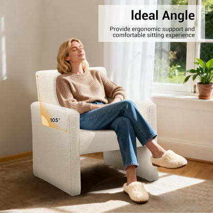 FUNKEEN Modern Accent Chair, 28” Wide Comfy Chairs for Living Room, Small Cozy Reading Chair for Bedroom, Sherpa Fabric Upholstered Lounge Armchairs with Wood Frame for Apartment, Office - White