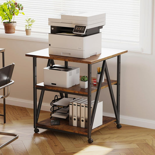 3-Tier Printer Stand, Large Printer Table with Storage, Industrial Printer Storage Cart with Wheels, Rolling Printer Stand for Heat Press Scanner Fax, Brown
