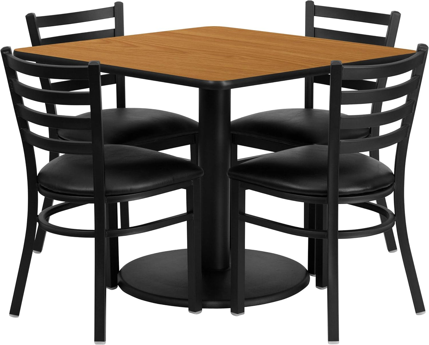 Flash Furniture Jamie 36'' Square Black Laminate Table Set with Round Base and 4 Ladder Back Metal Chairs - Black Vinyl Seat