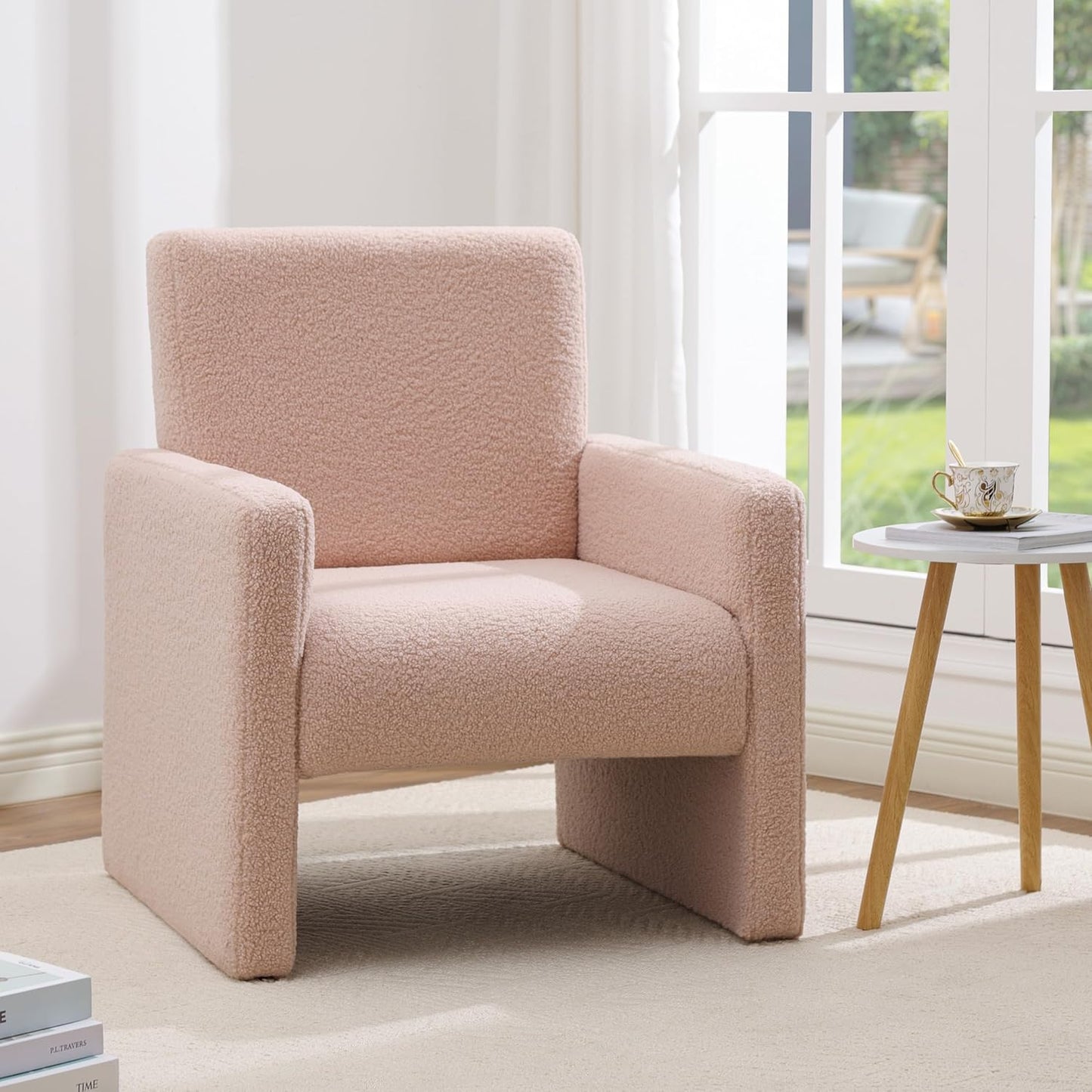 FUNKEEN Modern Accent Chair, 28” Wide Comfy Chairs for Living Room, Small Cozy Reading Chair for Bedroom, Sherpa Fabric Upholstered Lounge Armchairs with Wood Frame for Apartment, Office - White