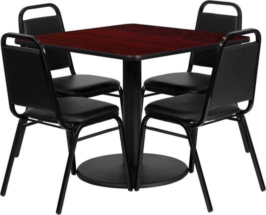 Flash Furniture Jamie 36'' Square Mahogany Laminate Table Set with Round Base and 4 Black Trapezoidal Back Banquet Chairs