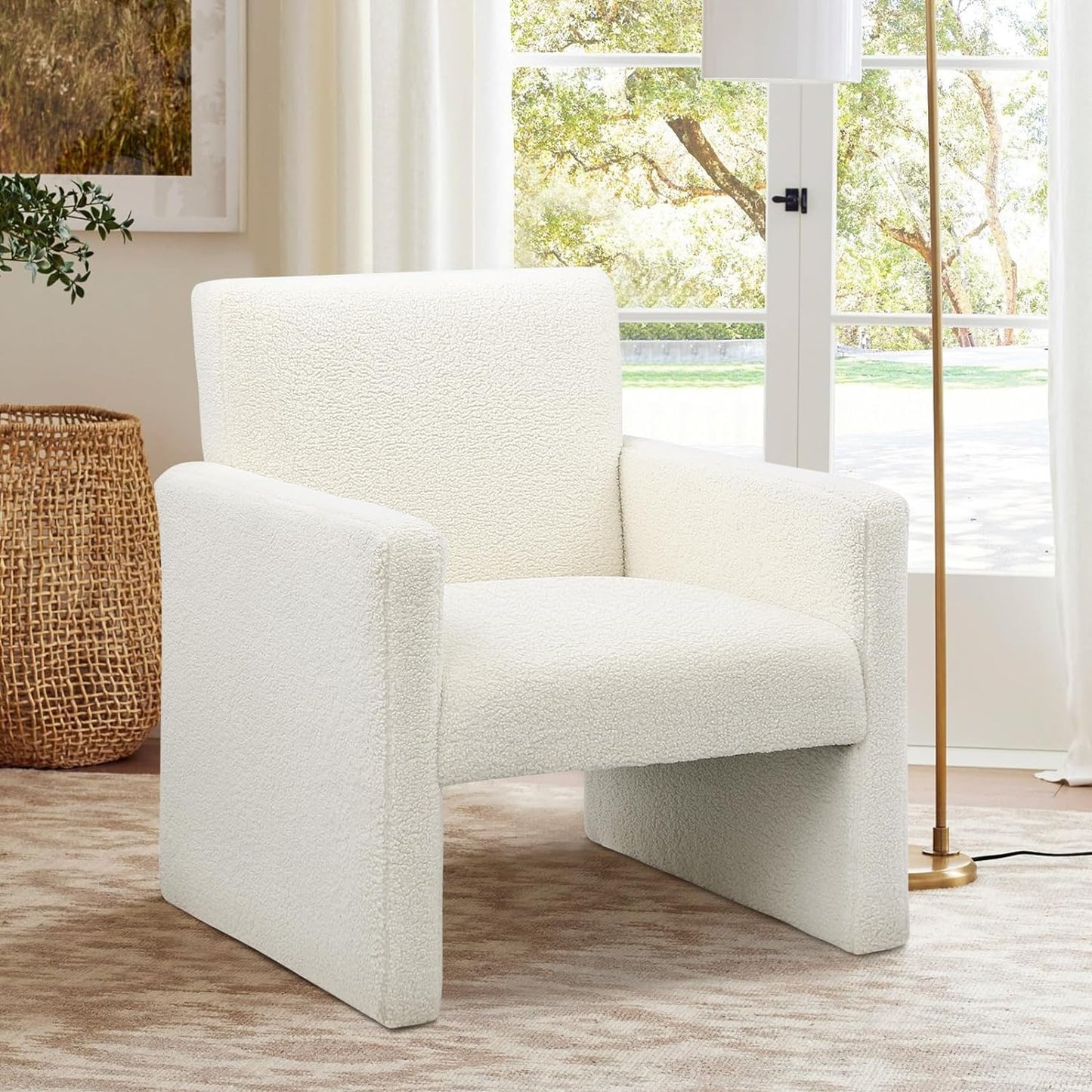FUNKEEN Modern Accent Chair, 28” Wide Comfy Chairs for Living Room, Small Cozy Reading Chair for Bedroom, Sherpa Fabric Upholstered Lounge Armchairs with Wood Frame for Apartment, Office - White