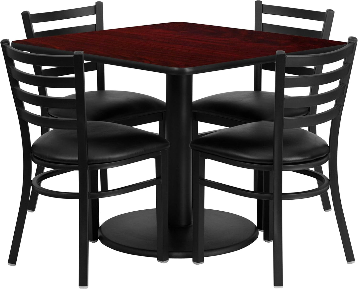 Flash Furniture Jamie 36'' Square Black Laminate Table Set with Round Base and 4 Ladder Back Metal Chairs - Black Vinyl Seat