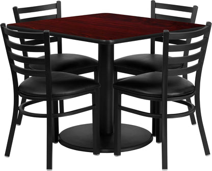 Flash Furniture Jamie 36'' Square Black Laminate Table Set with Round Base and 4 Ladder Back Metal Chairs - Black Vinyl Seat