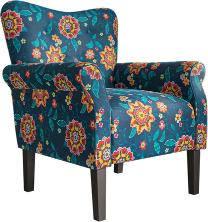 BELLEZE Modern Accent Chair, High Back Armchair, Upholstered Wingback Side Chair, Padded Single Sofa with Wooden Legs for Living Room, Bedroom - Green Blue Floral