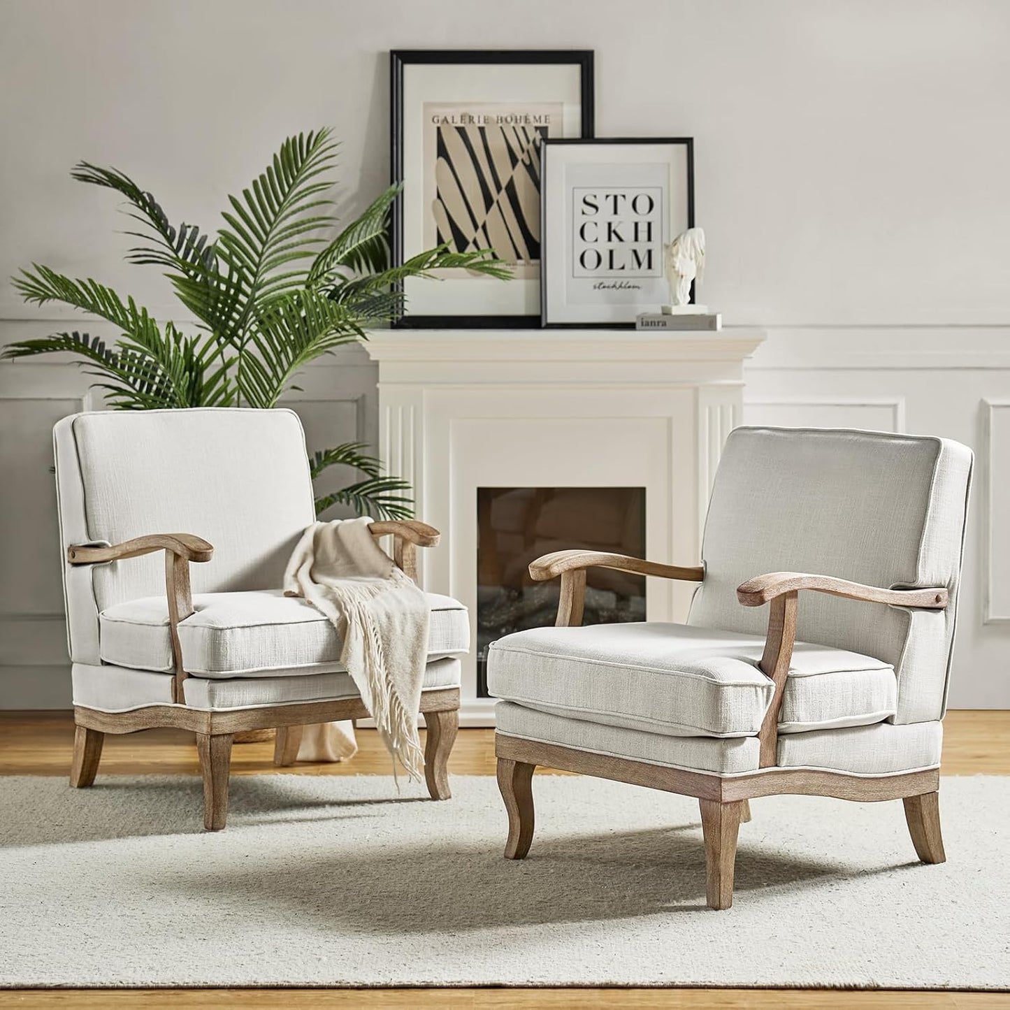 HULALA HOME Mid-Century Modern Accent Chairs Set of 2, Upholstered Lounge Arm Chair with Solid Wood Legs and Armrest, Removable Cushion Comfy Reading Armchair for Living Room, Bedroom, Balcony, Linen