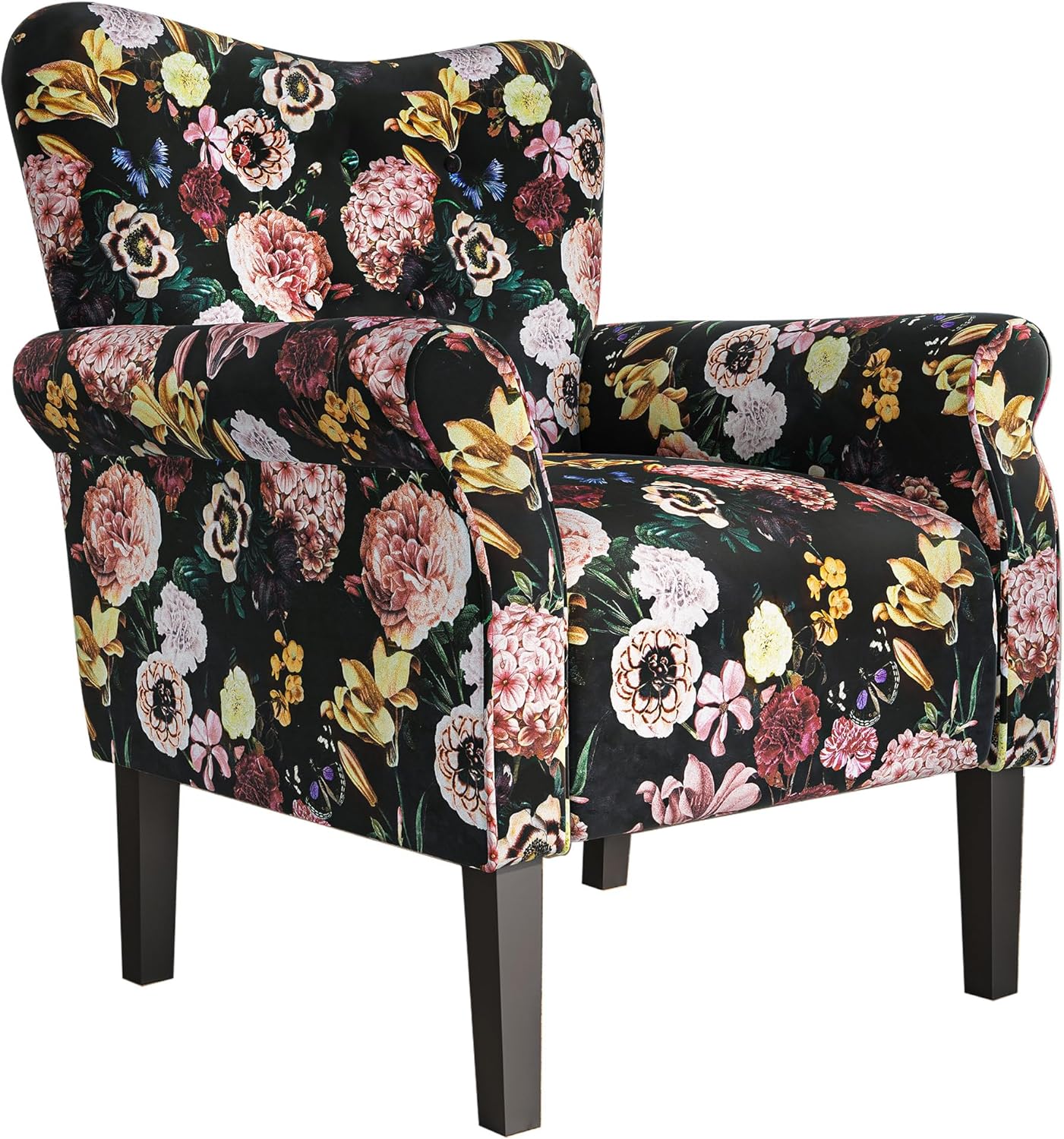 BELLEZE Modern Accent Chair, High Back Armchair, Upholstered Wingback Side Chair, Padded Single Sofa with Wooden Legs for Living Room, Bedroom - Green Blue Floral