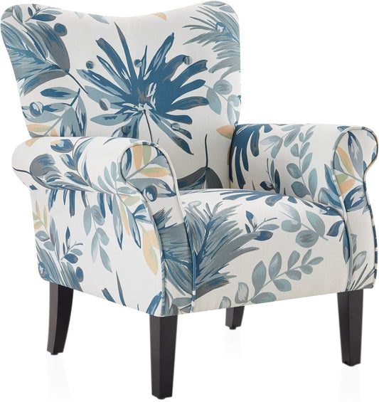 BELLEZE Modern Accent Chair, High Back Armchair, Upholstered Wingback Side Chair, Padded Single Sofa with Wooden Legs for Living Room, Bedroom - Green Blue Floral