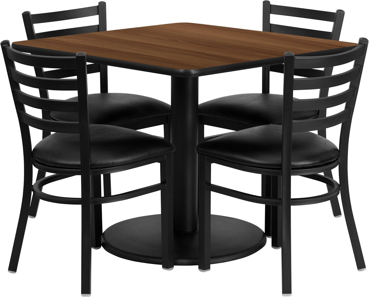 Flash Furniture Jamie 36'' Square Black Laminate Table Set with Round Base and 4 Ladder Back Metal Chairs - Black Vinyl Seat