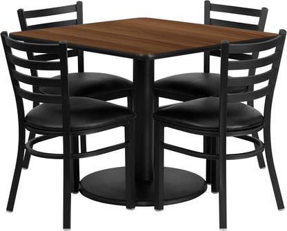 Flash Furniture Jamie 36'' Square Black Laminate Table Set with Round Base and 4 Ladder Back Metal Chairs - Black Vinyl Seat