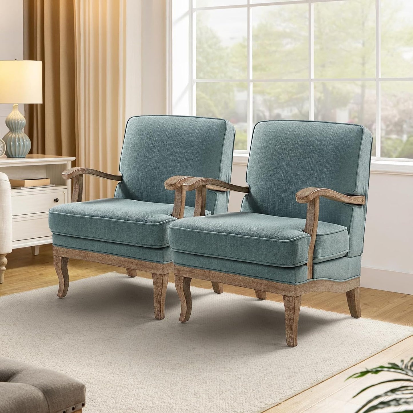 HULALA HOME Mid-Century Modern Accent Chairs Set of 2, Upholstered Lounge Arm Chair with Solid Wood Legs and Armrest, Removable Cushion Comfy Reading Armchair for Living Room, Bedroom, Balcony, Linen