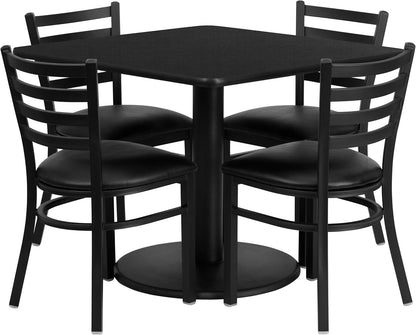 Flash Furniture Jamie 36'' Square Black Laminate Table Set with Round Base and 4 Ladder Back Metal Chairs - Black Vinyl Seat