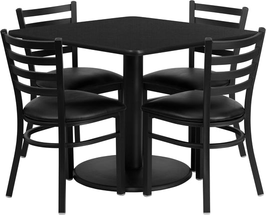 Flash Furniture Jamie 36'' Square Black Laminate Table Set with Round Base and 4 Ladder Back Metal Chairs - Black Vinyl Seat