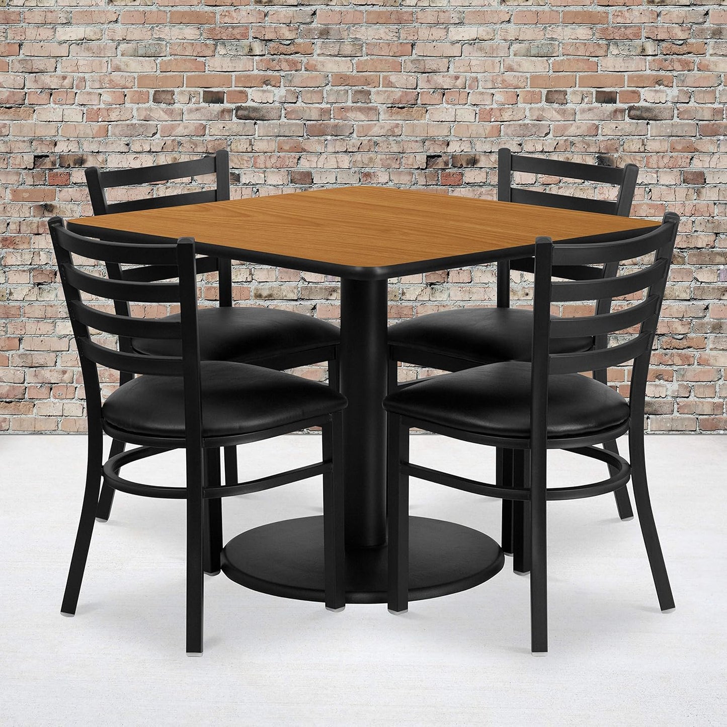 Flash Furniture Jamie 36'' Square Black Laminate Table Set with Round Base and 4 Ladder Back Metal Chairs - Black Vinyl Seat
