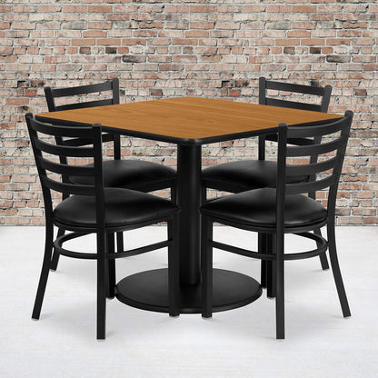 Flash Furniture Jamie 36'' Square Black Laminate Table Set with Round Base and 4 Ladder Back Metal Chairs - Black Vinyl Seat