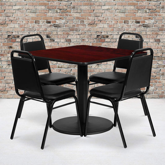 Flash Furniture Jamie 36'' Square Mahogany Laminate Table Set with Round Base and 4 Black Trapezoidal Back Banquet Chairs