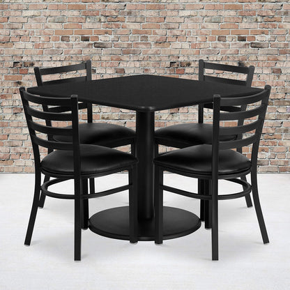 Flash Furniture Jamie 36'' Square Black Laminate Table Set with Round Base and 4 Ladder Back Metal Chairs - Black Vinyl Seat