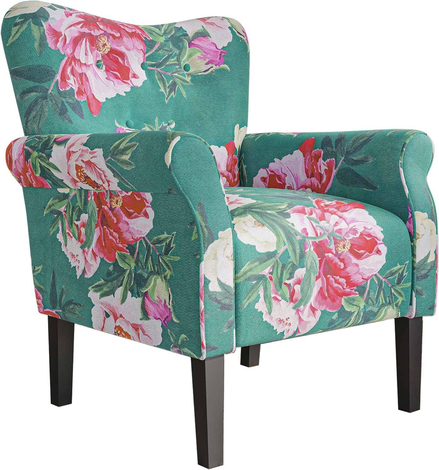 BELLEZE Modern Accent Chair, High Back Armchair, Upholstered Wingback Side Chair, Padded Single Sofa with Wooden Legs for Living Room, Bedroom - Green Blue Floral