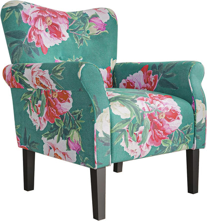 BELLEZE Modern Accent Chair, High Back Armchair, Upholstered Wingback Side Chair, Padded Single Sofa with Wooden Legs for Living Room, Bedroom - Green Blue Floral